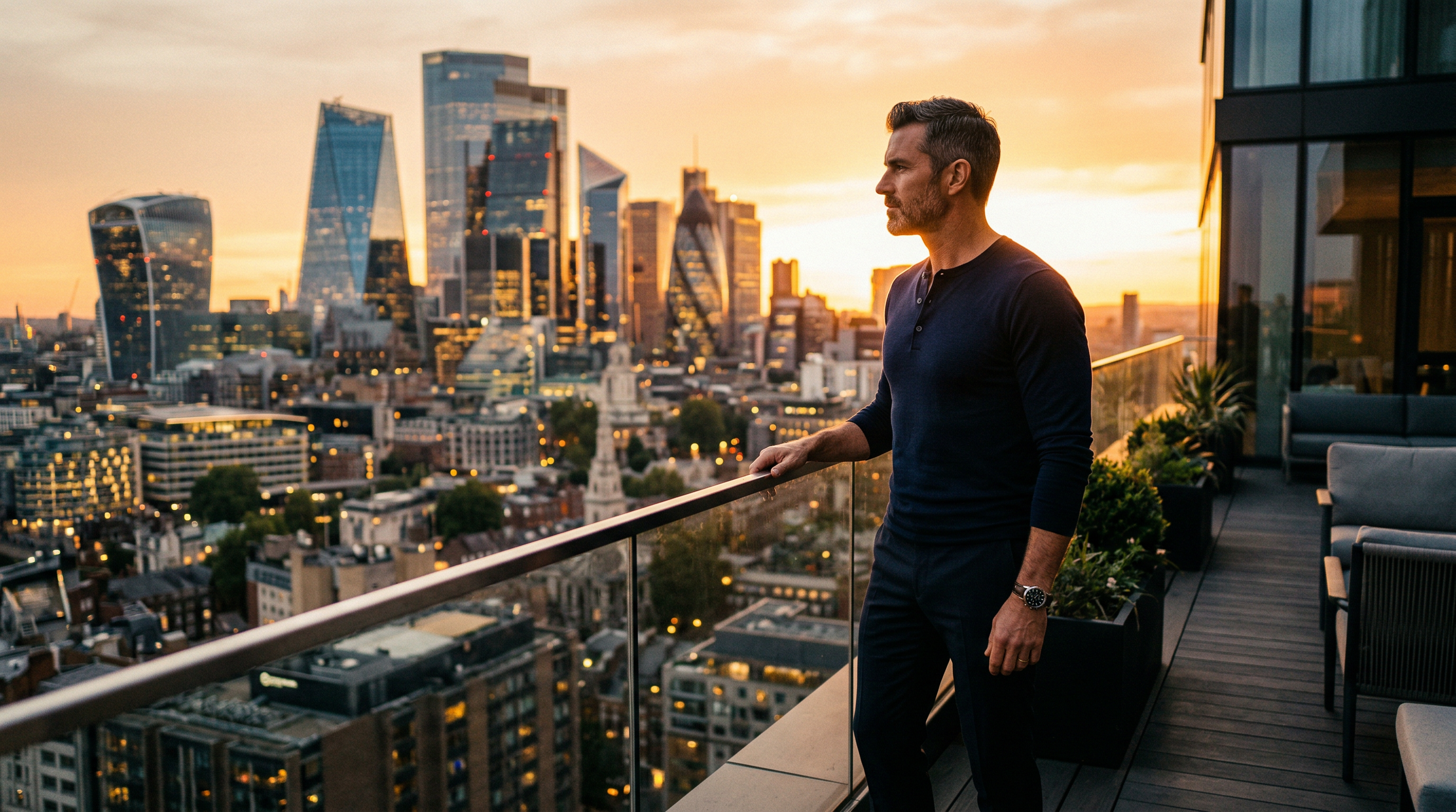 Confident man overlooking city skyline at golden hour